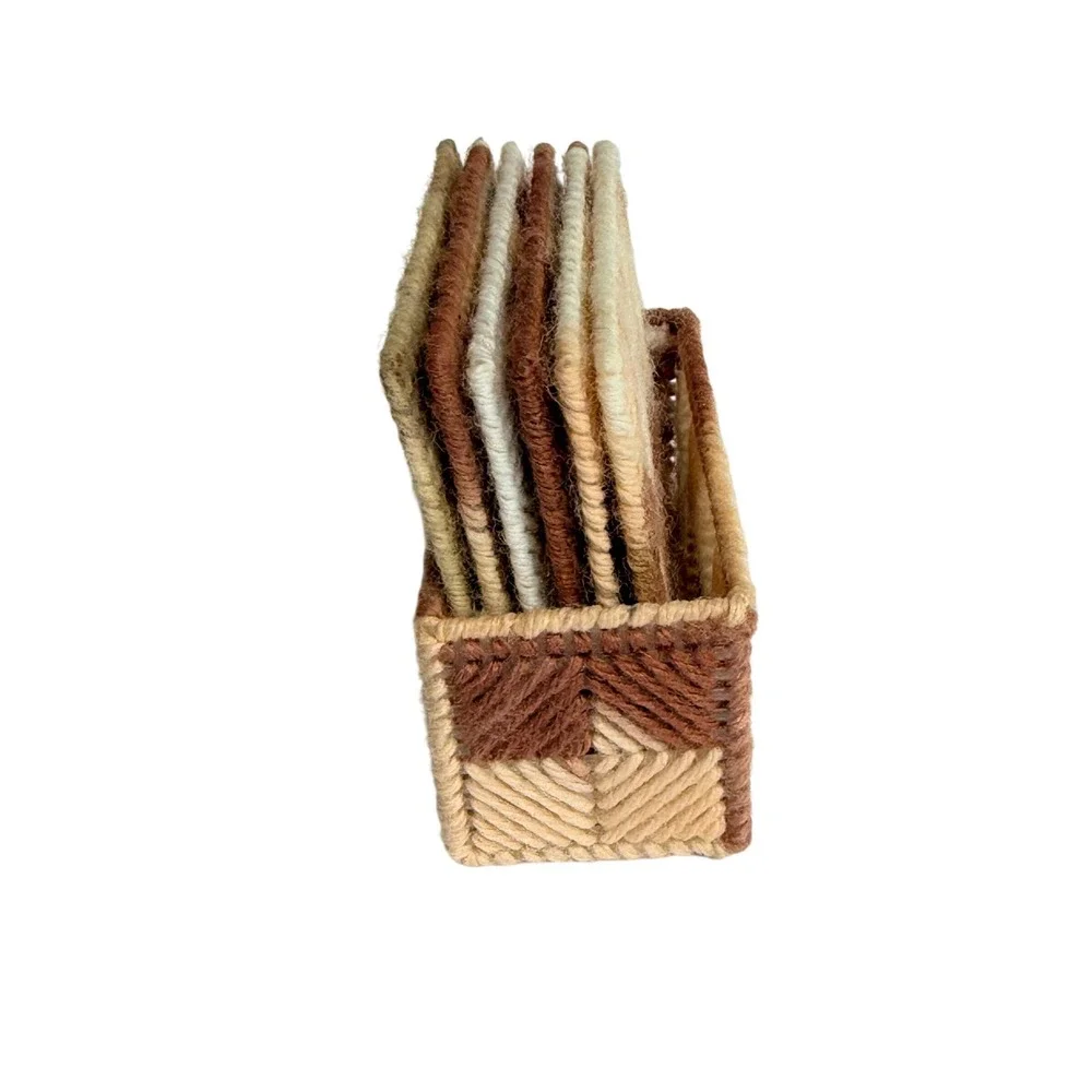 Vintage Handmade Plastic Canvas Coaster Set 7pc Brown Tan Geometric Boho Decor